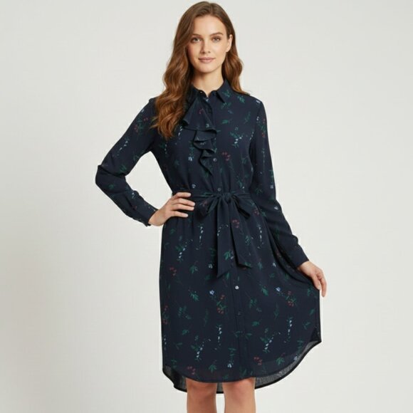 Banana Republic Dresses & Skirts - ⭐Banana Republic Blue Botanical Chiffon Shirt Dress Tie Belt Jabot Ruffle Size 6